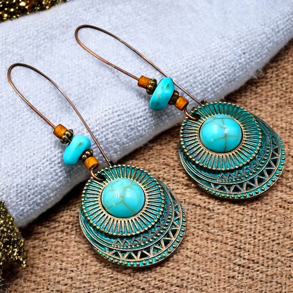 🆕Boho Chic Turquoise Drop Earrings – Vintage Inspired Statement Trendy Design - Picture 1 of 16